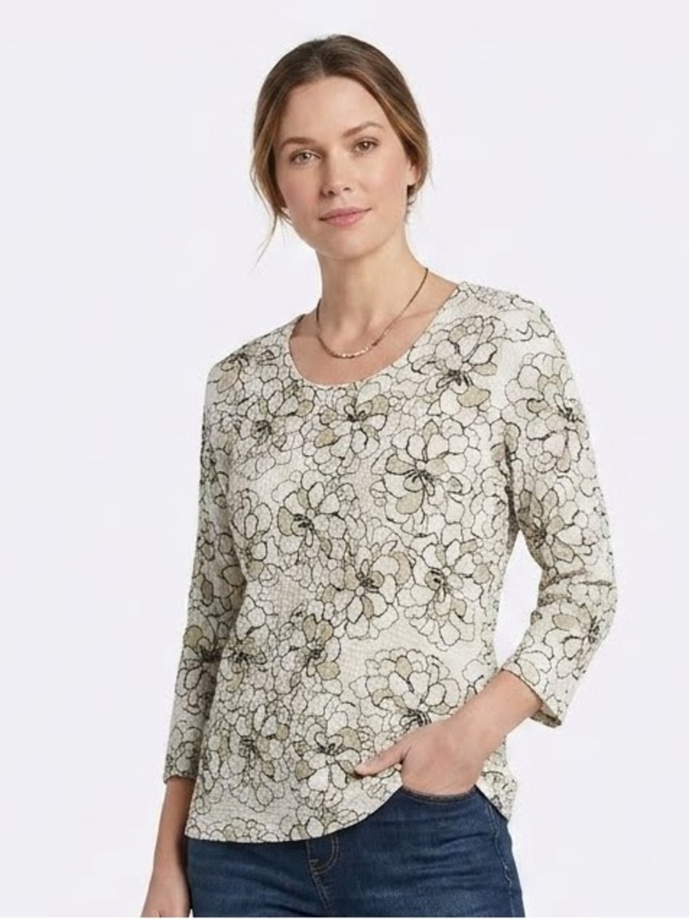 croft & barrow Cream Textured Floral Top with Tan Accents Size M